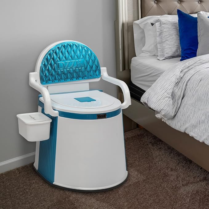 VINGLI Portable Toilet | Back & Handrail Design Commode with 5 Gallon Bucket Inner, Camping RV Toilet for Adult, Kids, Home, Boat, Van, Travel, Plastic, Blue & white