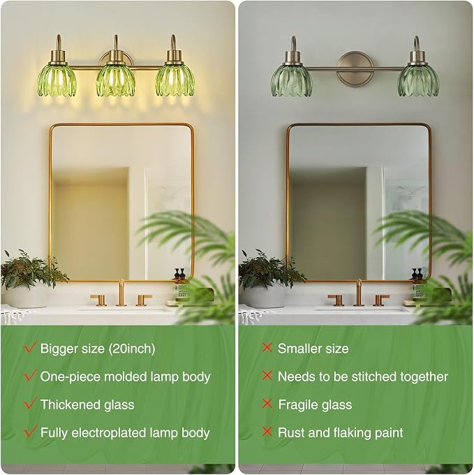 Gold Bathroom Light Fixtures, 20 Inch Vintage Vanity Lights for Bathroom, 3-Light Modern Vanity Lights with Ribbed Green Tulip Glass Shade, Wall Lamp for Mirror Living Room Hallway