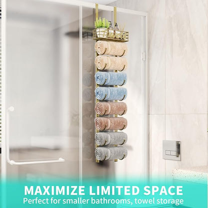 HapiRm Towel Racks for Bathroom Storage - 9 Tier Over The Door & Wall Mount Rolled Towel Storage Organizer Holder with Metal Shelf Basket for Small Bathroom, Camper, Rv - Gold, Patented