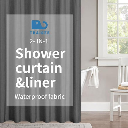 Extra Long Fabric Shower Curtain,No Liner Needed,72x96,CharcoalGrey | 2-in-1 Design,Linen Textured,100% Waterproof TPU-Laminated Backing,Magnetic Weighted,Machine Washable,For Bathroom,Hotel