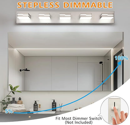 LED Modern Bathroom Vanity Light Fixtures 5-Light, 32 inch Dimmable Nickel Vanity Lights for Bathroom Lighting Fixtures Over Mirror, with 350°Rotatable Acrylic Heads(White Light 5500K)