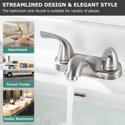 Brushed Nickel Bathroom Faucet 4 Inch Centerset for Lavatory Sink | Mid Arc, 2 Handle Lead-Free RV Bathroom Faucet with Metal Pop Up Drain Supply Lines, for 2 or 3 Hole Lavatory Utility Sink