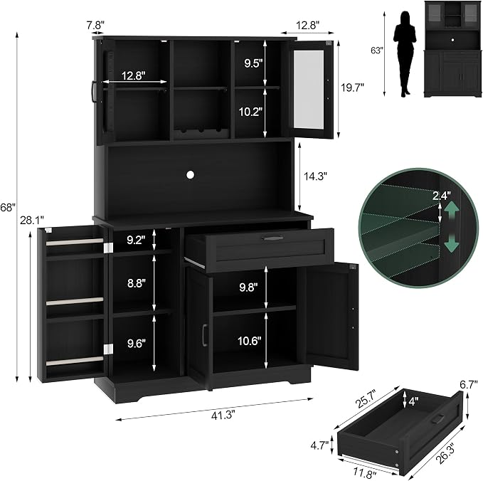 Shintenchi 68" Kitchen Pantry Storage Cabinet, with Microwave Stand, Black | Freestanding Buffet Cabinet, with 3 Door Shelves, Kitchen Hutch with Doors, Adjustable Shelves and Wine Rack