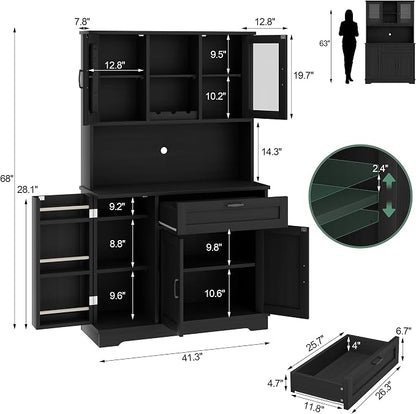 Shintenchi 68" Kitchen Pantry Storage Cabinet, with Microwave Stand, Black | Freestanding Buffet Cabinet, with 3 Door Shelves, Kitchen Hutch with Doors, Adjustable Shelves and Wine Rack