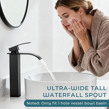 Black Waterfall Bathroom Faucet Single Handle Vessel Sink Faucet | Certified NSF cUPC DOE CEC SUS304 steel.waterfall spout,Bathroom Sink Fauce 1 hole,Pop-up Drain,Fits vanity,Bar sink