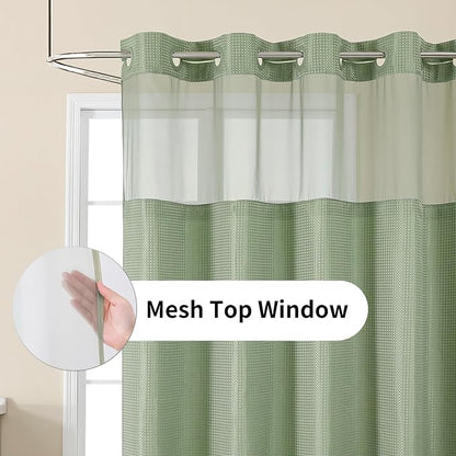 Colorful Star Sage Green No Hook Waffle Shower Curtain Set, 36 x 75 Inch | Waterproof Shower Curtain with Snap in Fabric Liner and Mesh Top Window, Hotel Style Heavy Duty Thick Bathroom Curtain