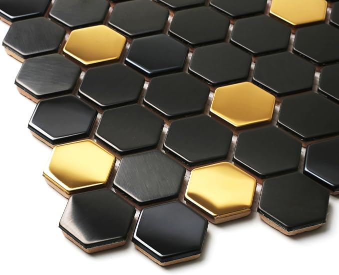 Black and Gold Backsplash Wall Tiles Hexagon Mosaic Shower Floor Tile Kitchen Bathroom Tile (Box of 5 Sheets)