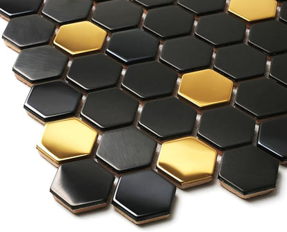 Black and Gold Backsplash Wall Tiles Hexagon Mosaic Shower Floor Tile Kitchen Bathroom Tile (Box of 5 Sheets)