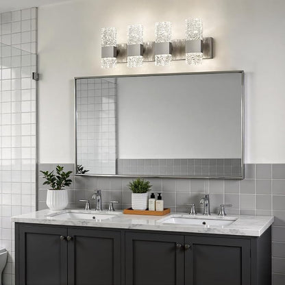 Epinl Brushed Nickel 4-Light Bathroom Vanity Lights, 4000K Modern Bathroom Lighting Fixtures Over Mirror, 28" LED Crystal Bathroom Light Fixtures Hardwired Wall Sconces for Bathroom Living Room