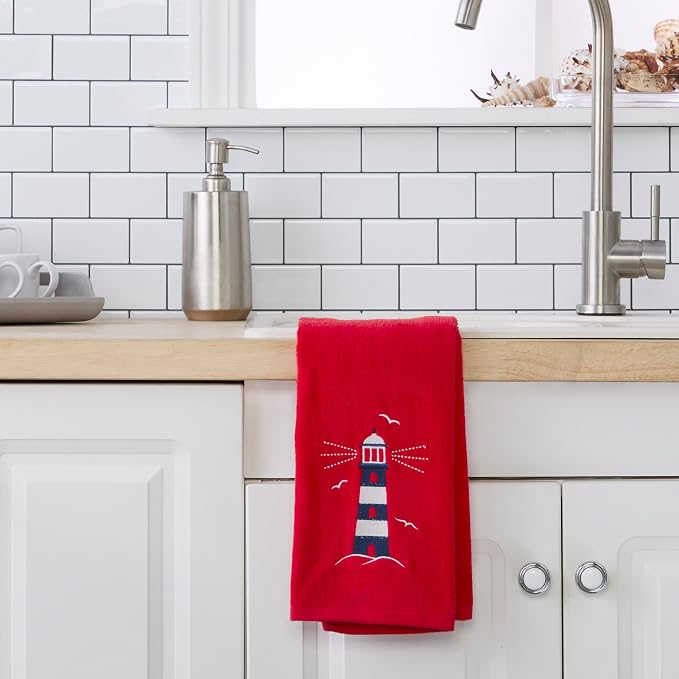 SKL Home Nautical Lighthouse Hand Towel Set-2pc, 100% Cotton, Red | Decorative embroidery for everyday & coastal/beach décor. Can be used in the bathroom, kitchen, bar or any sink space.