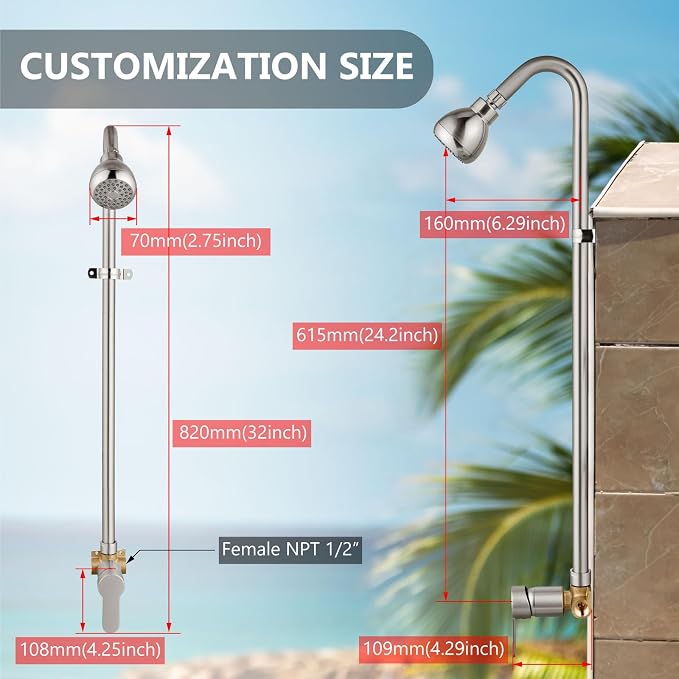 Outdoor Shower Kit,Outside Shower with Single Handle,Brushed Nickel | Hot and Cold Outdoor Shower Fixtures,Stainless Steel,with Rotatable Shower Head,Easy Installation