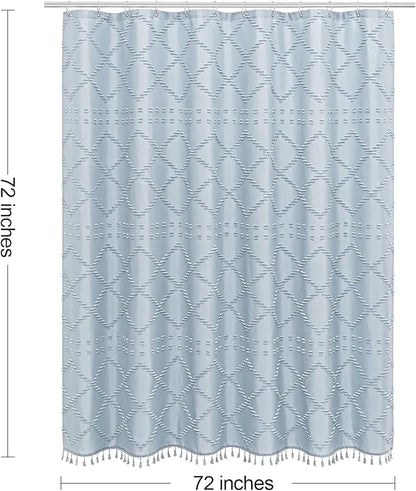 Boho Fog Blue Woven Fabric Shower Curtain with Tassel 72 x 72, Bohemia Tufted Chevron Striped Chic Textured, Blue Waterproof Modern Farmhouse Minimalist Curtain for Bathroom, Hotel Decor