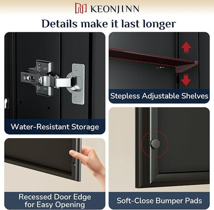 Keonjinn Black Medicine Cabinet with Mirror 20" x 26", Lightweight Aluminum | Assembly Required, Adjustable Shelves, Safe Tempered Glass, Wall Mount or Recessed, Soft Close, Bathroom Mirror with Storage