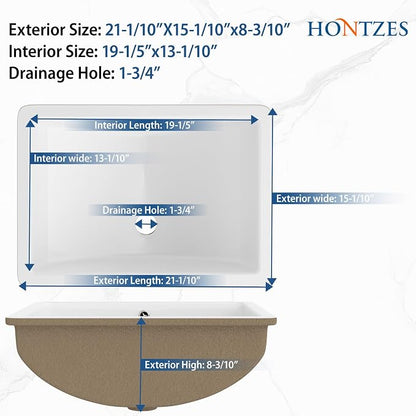 White Undermount Bathroom Sink 21.1"x15.1"Ceramic Basin | Modern Porcelain Under Counter Bathroom Vanity Sink, Interior Bowl 19.2"x 13.1", Rectangular Undermount Basin with Overflow