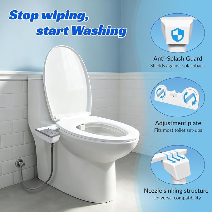 Bidet Attachment for Toilet,0.23 In Ultra Thin, Dual Nozzles,Cold Water | Self-Cleaning Nozzles,Adjustable Water Pressure,One Click Detach,Rotate Button Control,Fits Most Toilets,White,Square