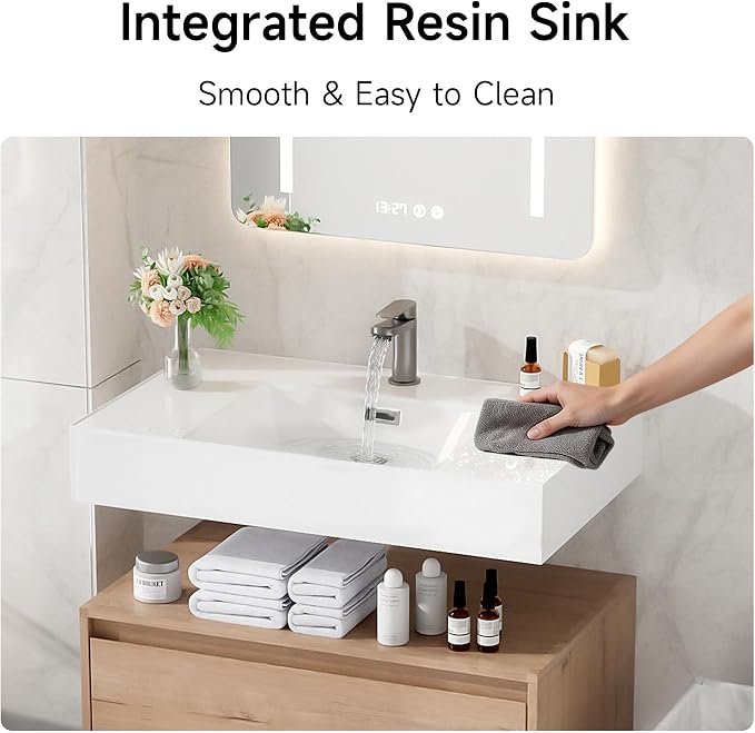 30 Inch Floating Bathroom Vanity with Sink, Modern Wall-Mounted Bathroom Cabinet with Resin Sink & Soft Close Drawer, Split-Level Layout (Nature Oak, 30")