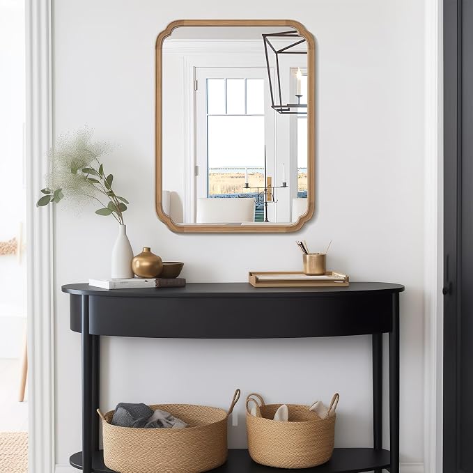 28" x 40" Rounded Corner Arch Wall Mirror with Wood Frame for Entryway, Living Room or Bedroom Home Decor - Light Woodgrain [28 x 40 inches, Honey-Colored]