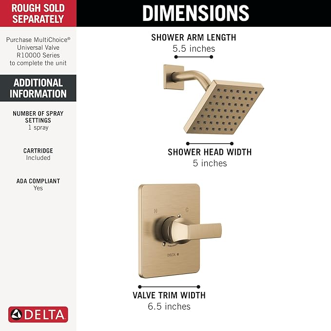 Delta Velum 14 Series Shower Faucet Set, Brushed Gold Shower Head and Handle Set, Valve Trim Kit, Champagne Bronze T14237-CZ (Valve Not Included)