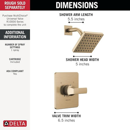 Delta Velum 14 Series Shower Faucet Set, Brushed Gold Shower Head and Handle Set, Valve Trim Kit, Champagne Bronze T14237-CZ (Valve Not Included)