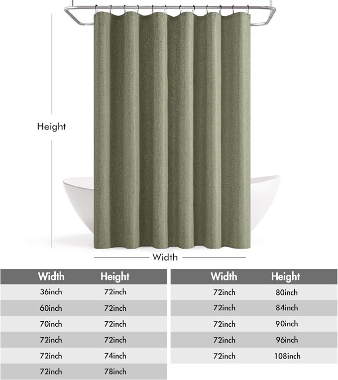 ANRODUO Olive Green Linen Textured Fabric Shower Curtain Set - W72xL84 | Farmhouse Shower Curtain with 12 Metal Hooks, Waterproof Heavy Duty, Button Hole Design, Machine Washable for Bathroom