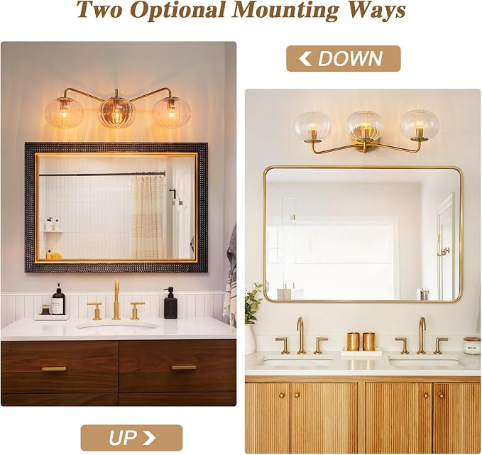 Lingkai Bathroom Light Fixtures,3 Lights Brushed Brass Vanity Light,Modern Wall Sconce with Clear Striped Glass Shade,Bathroom Vanity Lights Over Mirror for Hallway Picture Wall Lighting Living