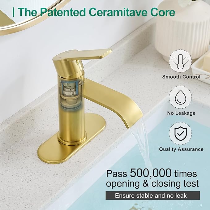 VOTON Waterfall Bathroom Faucet Brushed Gold, Single Handle 1 or 3 Hole Modern Sink Faucet with Deck Plate & Pop-Up Drain, RV Camper Vanity Washbasin Tap