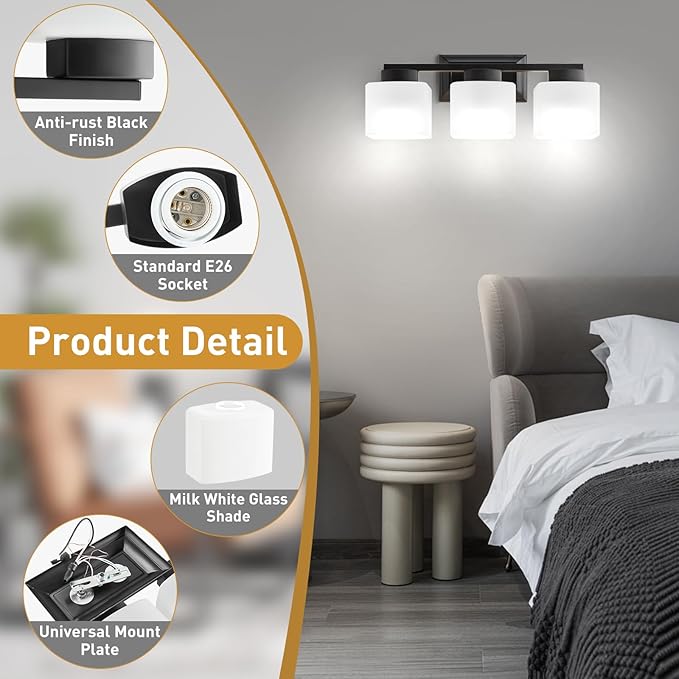 3-Light Bathroom Light Fixtures - Black Bathroom Vanity Lights with Frosted Glass Shade Modern Bathroom Lighting Fixtures Over Mirror - Wall Sconce Lamps for Bedroom,Living Room,Hallway