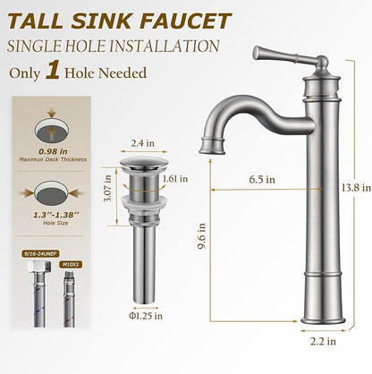 Vessel Sink Faucet Brushed Nickel Bathroom Tall Faucet Single Hole Deck-Mount Pop up Drain Assembly Without Overflow Water Supply Lines Included