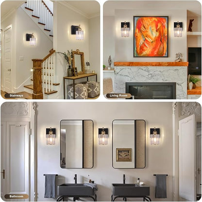 Black Gold Wall Sconces Set of 2: Modern Vanity Lights with Crystal Glass Shade, Bathroom Sconces Set of Two, Crystal Wall Light Fixtures for Bath Mirror Living Room Bedroom Hallway Kitchen, E26 Base