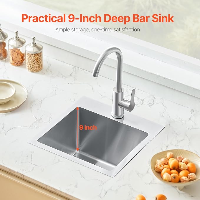 VEVOR 33" Kitchen Workstation, 304 Stainless Steel Top Mount, Built-in Single Bowl Farmhouse with Accessories, Home Dishwasher Sink, for RV, Prep Kitchen and Bar (Black) (Silver, 15IN)