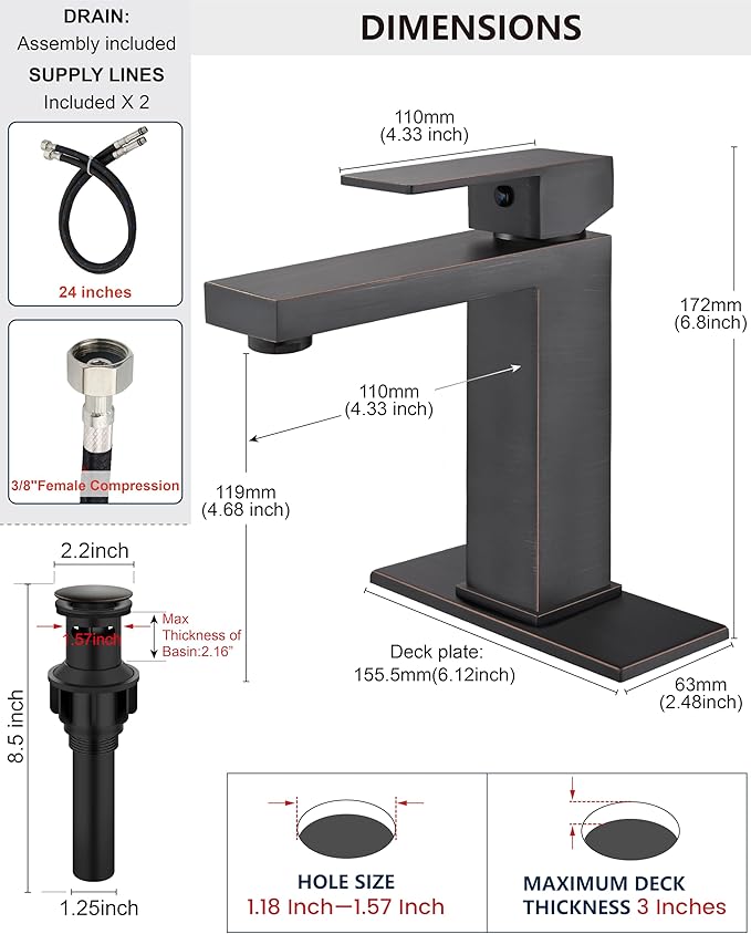 Midanya Bathroom Faucets 1 Hole, Single Handle Stainless Steel Bathroom Sink Faucet, Modern Vanity Faucets with Deck Plate,Water Supply Hoses and Pop Up Drain,Oil Rubbed Bronze
