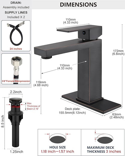 Midanya Bathroom Faucets 1 Hole, Single Handle Stainless Steel Bathroom Sink Faucet, Modern Vanity Faucets with Deck Plate,Water Supply Hoses and Pop Up Drain,Oil Rubbed Bronze