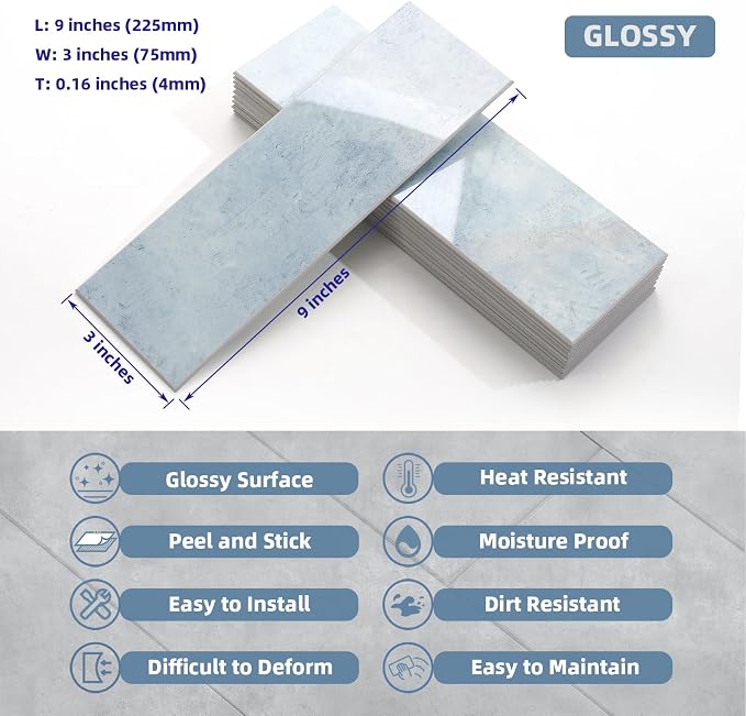 Tilingview 30 PCS Peel and Stick Backsplash Tile for Kitchen/Bathroom/Living Room, 3"x 9" Self-Adhesive Subway Tile for Backsplash, Imitation Glazed Tiles/Handmade Tiles (Glossy Pastel Blue)