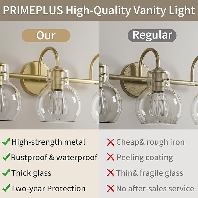 Gold Vanity Light, 3 Light Bathroom Light Fixtures, Modern Bathroom Vanity Lights Fixtures Over Mirror with Clear Globe Glass Shade, Gold Wall Sconces for Bathroom Hallway, E26 Base | Wall Sconce,Painted,Globe Glass Shade,E26 Base,UL Certified,Anti-Rus...