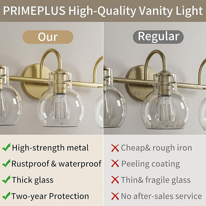 Gold Vanity Light, 3 Light Bathroom Light Fixtures, Modern Bathroom Vanity Lights Fixtures Over Mirror with Clear Globe Glass Shade, Gold Wall Sconces for Bathroom Hallway, E26 Base | Wall Sconce,Painted,Globe Glass Shade,E26 Base,UL Certified,Anti-Rus...