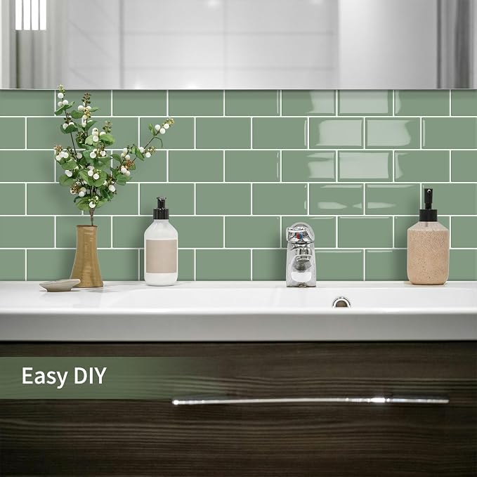 10-Sheet Thick Peel and Stick Kitchen Backsplash Tiles(Green,12"×12") | 3D Subway Waterproof Self-Adhesive Wall Tile Stick on Backsplash for Kitchen and Bathroom