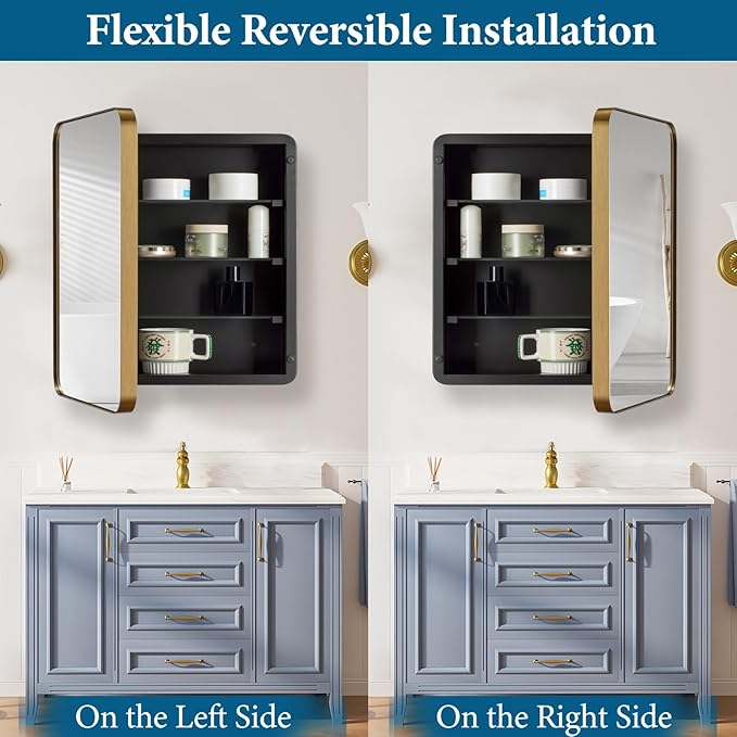 16’’x20’’ Medicine Cabinet,Metal Framed Medicine Cabinet Mirror with Round Corner,Recessed and Surface Mount Bathroom Mirror with Storage, Removeable Shelves,Gold