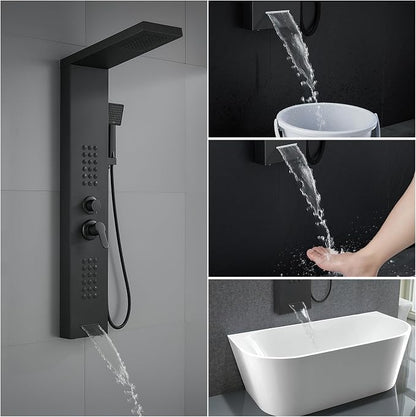 ROVATE Shower Panel Tower System with Rainfall Shower Head, Matte Black | Shower Tower with Powerful Body Jets, Handheld Shower and Tub Spout, Stainless Steel Shower Column Black High Pressure