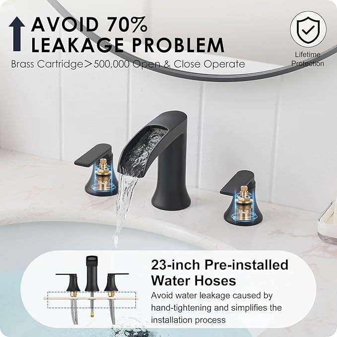 Matte Black Widespread Bathroom Sink Faucet 3 Hole, 8 Inch Waterfall Faucet for Bathroom Sink with Pop-Up Drain and cUPC Supply Lines, 2 Handles for Vanity Lavatory Restroom, Brass Material