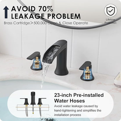 Matte Black Widespread Bathroom Sink Faucet 3 Hole, 8 Inch Waterfall Faucet for Bathroom Sink with Pop-Up Drain and cUPC Supply Lines, 2 Handles for Vanity Lavatory Restroom, Brass Material