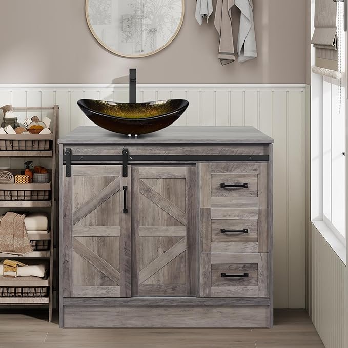 36 Inch Barn Door Bathroom Vanity, Farmhouse Style Standing Pedestal Cabinet with Gold Glass Vessel Sink