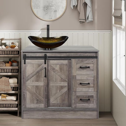 36 Inch Barn Door Bathroom Vanity, Farmhouse Style Standing Pedestal Cabinet with Gold Glass Vessel Sink