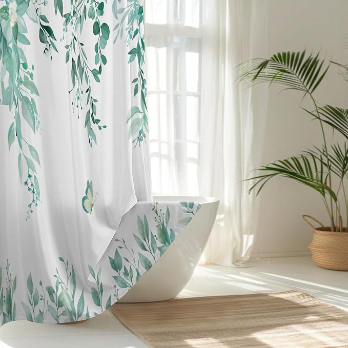 No Hook Shower Curtain and Liner Set, Teal Eucalyptus 71x84 | Floral Design, with Snap in Liner, See-Through Top Window, Waterproof, Machine Washable, Quick-Drying, for Hotel Bathroom