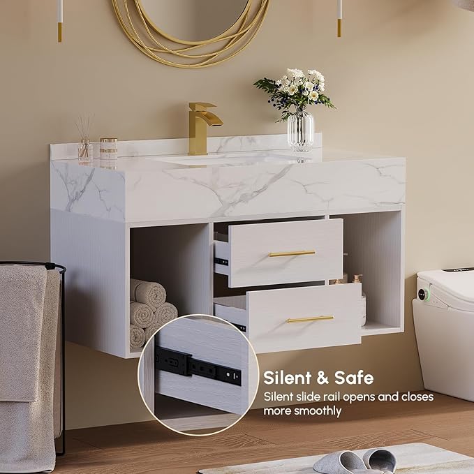 KunMai 35.4" White Floating Bathroom Vanity with Sink – Modern Wall Mounted Bathroom Cabinet with Sintered Stone Countertop, Soft-Close Drawers, Space-Saving Vanity for Small Bathrooms