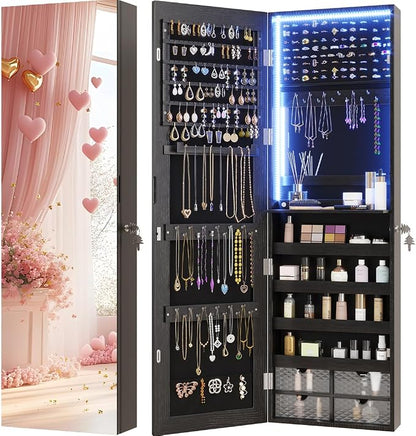 Vlsrka 47.2" Jewelry Armoire Organizer, Wall/Door Mounted Jewelry Cabinet | Built-in LED Mirror, Large Lockable Hanging Full Length Mirror with Jewelry Storage, 4 Drawers, 5 Shelves for Women, Black