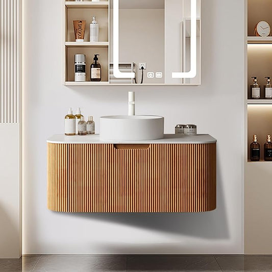 LKTART 36 Inch Floating Bathroom Vanity with Sink, Modern Wall Mounted Bathroom Storage Cabinet with Drawer, Stone Pattern Round White Ceramic Sink Top and Marble Texture Top, Natural Wood