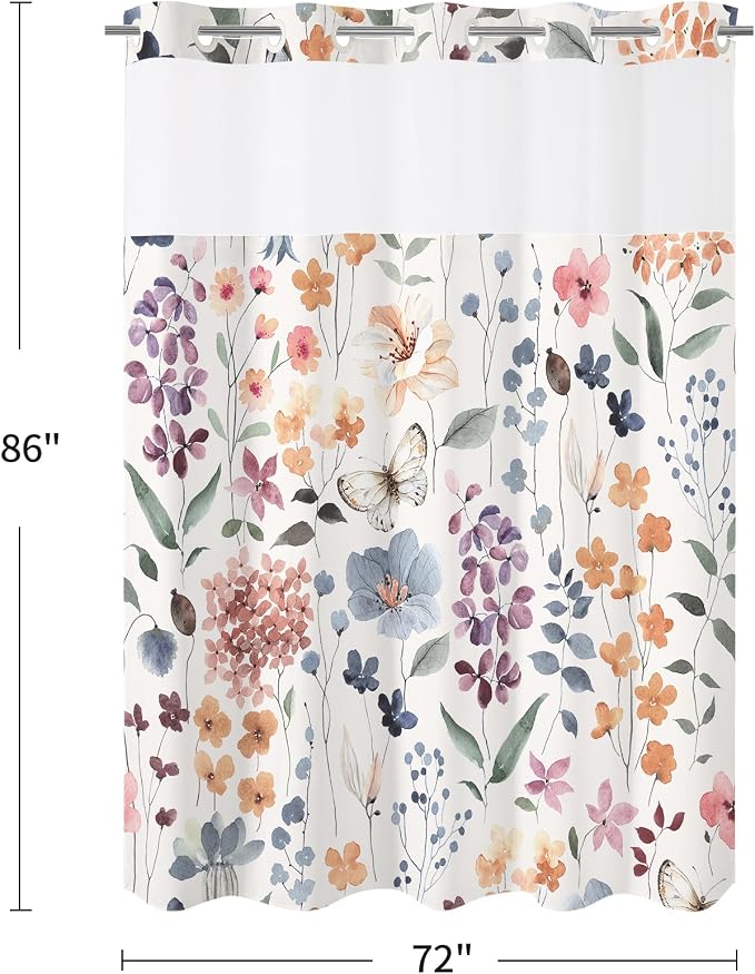 Litabel No Hook Ivory Watercolor Floral Shower Curtain and Liner Set, 72x86 | Spring Flower Shower Curtains with Snap-in Liner for Farmhouse Bathroom Decor, Botanical Bathroom Curtain with Leaves