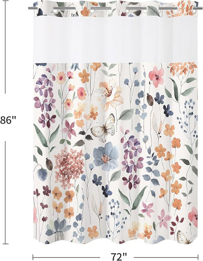 Litabel No Hook Ivory Watercolor Floral Shower Curtain and Liner Set, 72x86 | Spring Flower Shower Curtains with Snap-in Liner for Farmhouse Bathroom Decor, Botanical Bathroom Curtain with Leaves