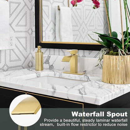 Brushed Gold Waterfall Bathroom Faucet - ARCORA Single Handle Bathroom Sink Faucet Mixer Tap Lavatory Vanity Sink Faucet with Deck Plate and Pop Up Drain, 1 or 3 Hole