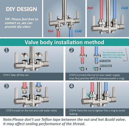 Aolemi Outdoor Shower Kit, Upward-Facing Inlets, Brushed Nickel | 3-Inch Center Hot And Cold Mixer Valve, Dual Handles, with Soap Dish For Convenient Outdoor Shower Use